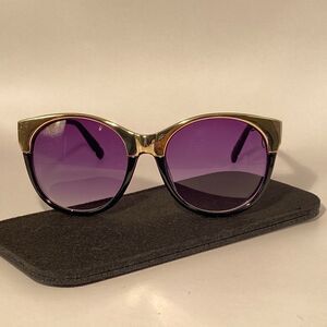Evita Round Eyebrow Sunglasses Black with Gold Detail New